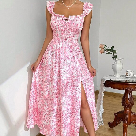Dresses & Skirts - Hot Pink Women's Summer Floral Print Dress With Ruffled Hemline And Side Split
